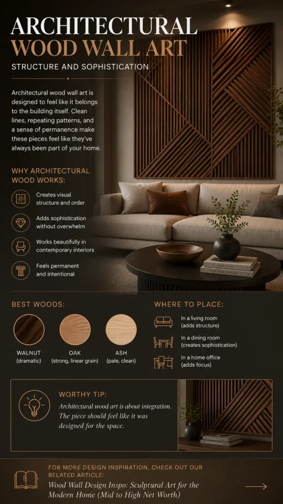 The top shows a modern living room with a large, square dark wood art piece composed of geometric slat patterns mounted above a beige sofa. The lower section includes design tips, recommended wood types (walnut, oak, ash) with grain swatches, placement ideas for living rooms, dining rooms, or home offices, and a design tip box on integrating custom wood art into luxury interiors.