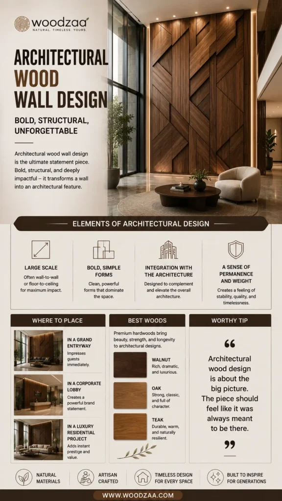 An infographic by Woodzaa titled "Architectural Wood Wall Design – Bold, Structural, Unforgettable." The top displays a massive, floor-to-ceiling geometric wood feature wall in a luxury lounge. Below, text sections cover "Elements of Architectural Design" (large scale, bold forms, permanence), "Where to Place" (grand entryway, corporate lobby, luxury residential project), and "Best Woods" (Walnut, Oak, Teak). A "Worthy Tip" highlights looking at the big picture. Includes www.woodzaa.com.