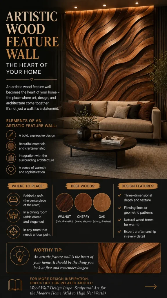 The top visual shows a luxury living room with a massive floor-to-ceiling 3D carved wood wall featuring dynamic, flowing organic curves and warm LED accent lighting behind a beige sofa. Below, design guides outline placement ideas (behind sofa, dining room), recommended woods (walnut, cherry, oak) with wood tone swatches, key features like 3D texture and depth, and styling tips for modern home interiors.