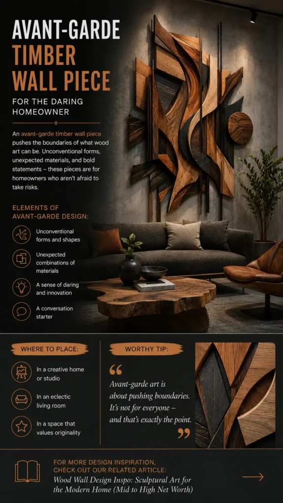 The top visual shows a moody modern living room featuring a dramatic, abstract timber sculpture with mixed natural and charred wood finishes mounted above a dark sofa. Below, design guides cover key elements like unconventional forms, placement ideas for creative studios or eclectic spaces, and a close-up detail shot highlighting contrasting wood textures and geometric angles.
