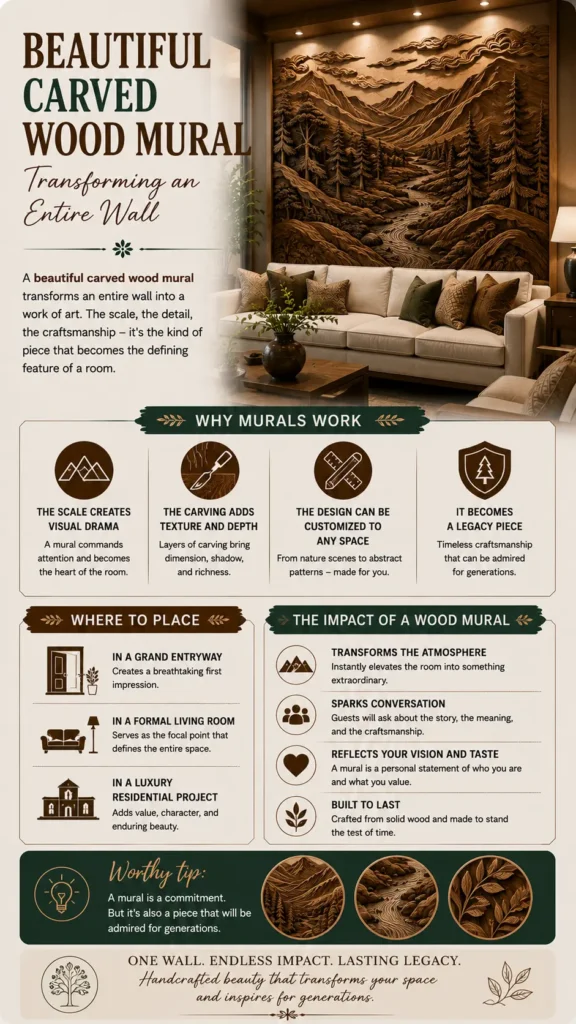 Vertical infographic titled "Beautiful Carved Wood Mural – Transforming an Entire Wall." Top image shows a living room with a large, floor-to-ceiling carved wooden relief of mountains, pine trees, and a river behind a sofa. Below, structured sections highlight "Why Murals Work," "Where to Place," and "The Impact of a Wood Mural," with detailed close-ups of the carved wood craftsmanship at the bottom. Footer reads: "One Wall. Endless Impact. Lasting Legacy."