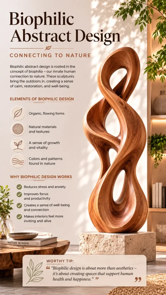 An infographic titled "Biophilic Abstract Design – Connecting to Nature." On the right, a large, flowing, abstract wooden sculpture sits on a stone base, surrounded by dappled sunlight and green plants. On the left, text outlines elements of biophilic design (organic forms, natural materials, growth, and nature colors) and why it works (reduces stress, improves focus, creates well-being). A tip at the bottom emphasizes supporting human health and happiness.