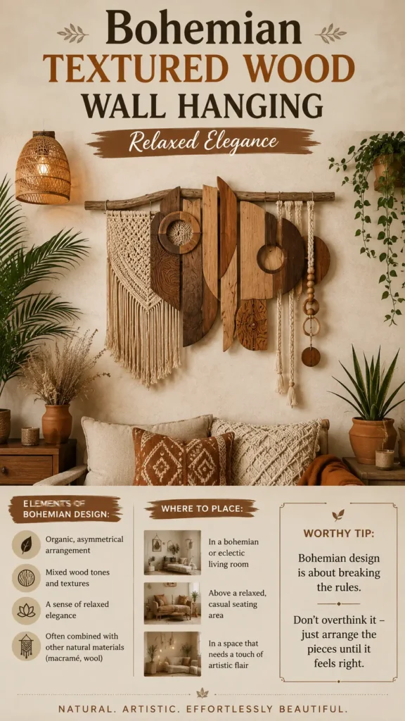 An infographic titled "Bohemian Textured Wood Wall Hanging – Relaxed Elegance." The main image shows a boho-style wall hanging suspended from a branch above a cozy sofa with textured pillows. The art piece combines multi-toned wood shapes, woven cream macrame, and hanging wooden beads. Below, text outlines elements of bohemian design, placement ideas (like an eclectic living room or above casual seating), and a tip: "Bohemian design is about breaking the rules. Don't overthink it."