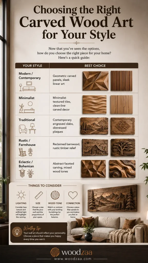 A vertical Pinterest infographic titled "Choosing the Right Carved Wood Art for Your Style" by woodzaa. The main section features a comparison table matching interior design styles (Modern, Minimalist, Traditional, Rustic, Eclectic) with recommendations and image previews of wood art. The lower section lists "Things to Consider" (Lighting, Size, Wood Tone, Connection) alongside a living room scene with a carved landscape panel of mountains and pine trees above a sofa.