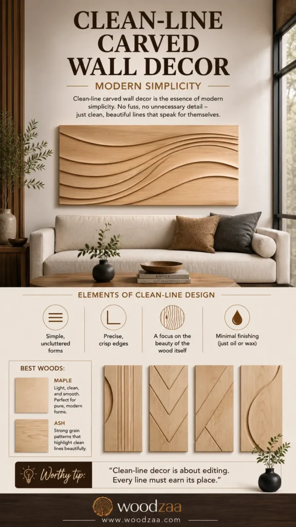 A vertical Pinterest infographic titled "Clean-Line Carved Wall Decor – Modern Simplicity" by woodzaa. The top shows a modern living room with a large, light-wood panel featuring smooth, carved wave patterns above a beige sofa. The bottom half outlines "Elements of Clean-Line Design," suggests Maple and Ash under "Best Woods," displays four vertical panels with minimalist geometric and curved carved designs, and features a "Worthy Tip" box at the bottom.