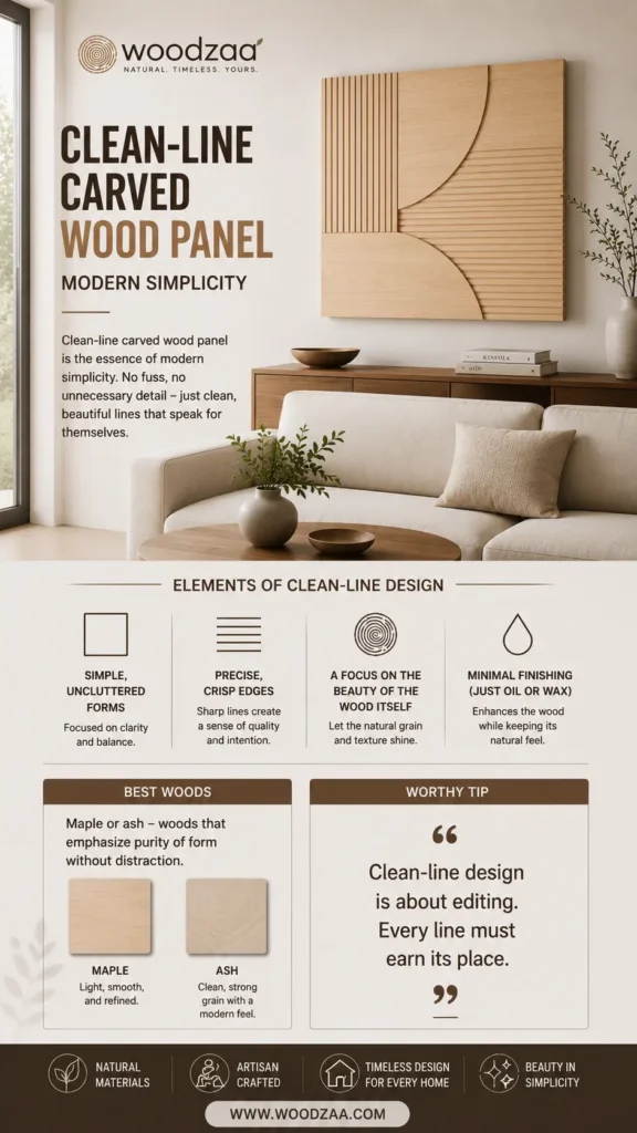 An infographic by Woodzaa titled "Clean-Line Carved Wood Panel – Modern Simplicity." The top features a light wood square artwork with vertical slats and curved geometric carvings mounted above a cream sofa. Below, text sections detail "Elements of Clean-Line Design" (uncluttered forms, crisp edges, minimal finishing) and "Best Woods" (Maple, Ash). A "Worthy Tip" states that every line must earn its place. Bottom icons highlight natural materials and timeless design with www.woodzaa.com.