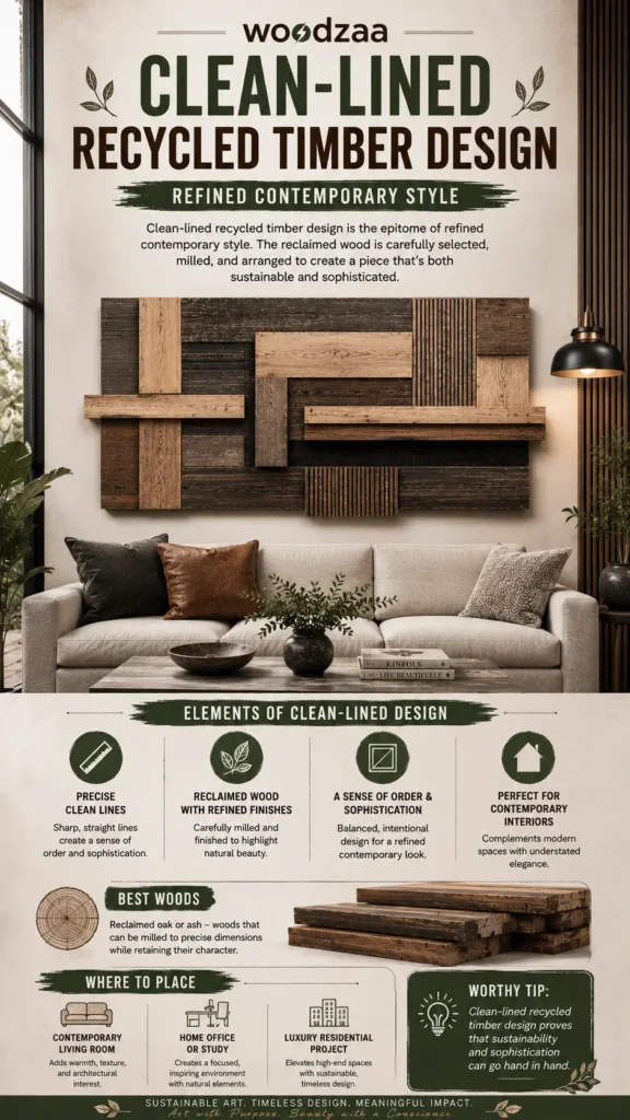 A Pinterest graphic titled "Clean-Lined Recycled Timber Design: Refined Contemporary Style" by Woodzaa. The center features a modern geometric wall sculpture made of rectangular panels and vertical slats of smooth, light-toned and dark reclaimed wood. The art piece hangs above a cream sofa styled with grey and brown pillows. The bottom section describes "Elements of Clean-Lined Design," such as precise clean lines and refined finishes, alongside placement tips suggesting a contemporary living room, home office, or luxury residential project.