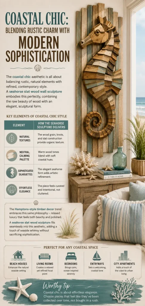 Coastal Chic: Blending Rustic Charm with Modern Sophistication." Features a 3D wooden seahorse wall sculpture mounted on weathered teal wood slats above a console table with coral and a blue glass vase. Includes a table detailing key elements (Natural Textures, Neutral Palettes, Sophisticated Silhouettes, Effortless Elegance) and icons suggesting styling ideas for Beach Houses, Living Rooms, Bedrooms, Entryways, and City Apartments.