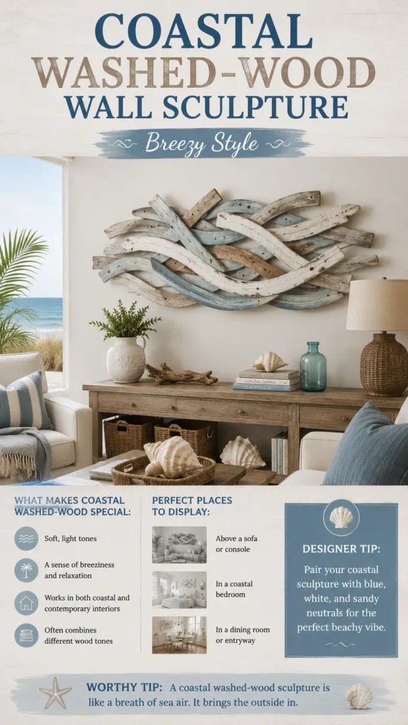 An infographic titled "Coastal Washed-Wood Wall Sculpture – Breezy Style." The main image shows a bright coastal room with a beach view, featuring a large, wavy wall sculpture of interwoven white, blue, and natural wood slats above a console table. Text below explains what makes it special (soft tones, relaxed feel), ideal places to display (above a console, in a bedroom), and a designer tip to pair it with blue, white, and sandy neutral decor for a beachy vibe.