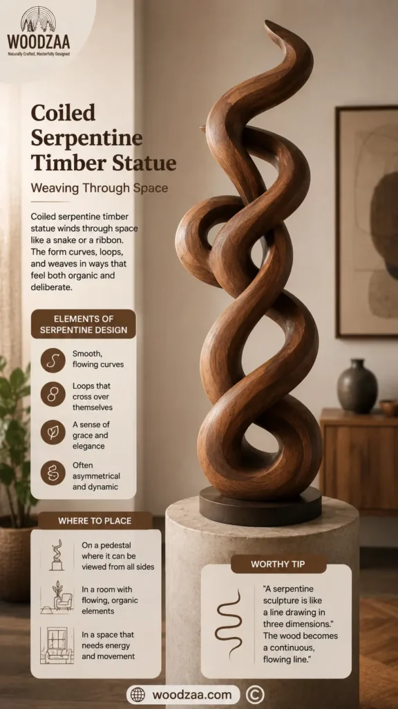 An infographic titled "Coiled Serpentine Timber Statue – Weaving Through Space" by WOODZAA. On the right, a tall, abstract wooden sculpture with smooth, intertwining curves reminiscent of a snake or ribbon rests on a circular stone pedestal. The left side outlines elements of the serpentine design, like loops and smooth curves, alongside interior design placement advice for adding energy and movement to a room. The website woodzaa.com is listed at the bottom.