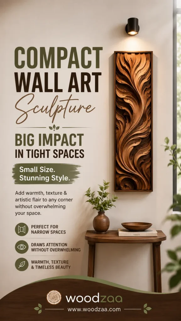 A vertical Pinterest graphic titled "Compact Wall Art Sculpture – Big Impact in Tight Spaces." On the right, a tall, narrow carved wood wall panel with flowing, leaf-like textures hangs above a small wooden console table with a vase and bowl, illuminated by a black wall sconce. Text on the left highlights key features for narrow spaces. The bottom features the Woodzaa logo and website www.woodzaa.com.