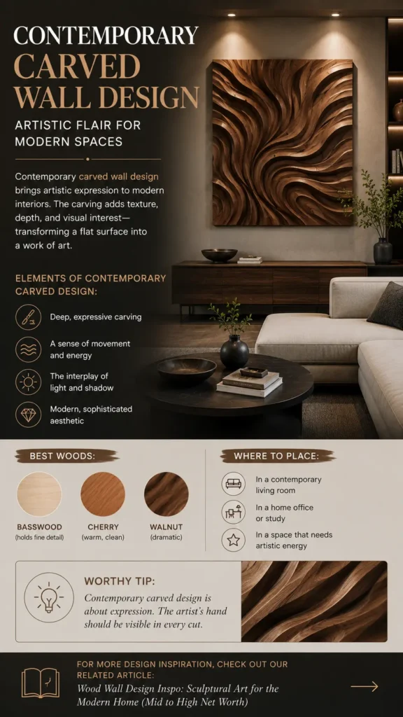 The top visual features a modern living room centered around a square 3D carved wood panel with swirling, wave-like organic grooves under warm spotlights. The lower section details key design elements (deep carving, dynamic movement), recommended wood types (basswood, cherry, walnut) with grain swatches, ideal placements like living rooms or studies, and a close-up photo highlighting the carved timber texture.