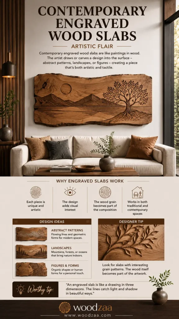 A vertical Pinterest infographic titled "Contemporary Engraved Wood Slabs – Artistic Flair" by woodzaa. The top displays a modern living room featuring a large, live-edge horizontal wood slab mounted above a beige sofa. The slab is engraved with an artistic landscape featuring mountains, a sun, and a detailed tree. The bottom half outlines "Why Engraved Slabs Work," suggests "Design Ideas" (Abstract Patterns, Landscapes, Figures & Forms), shows a close-up of a leaf carving under "Designer Tip," and features a "Worthy Tip" box.