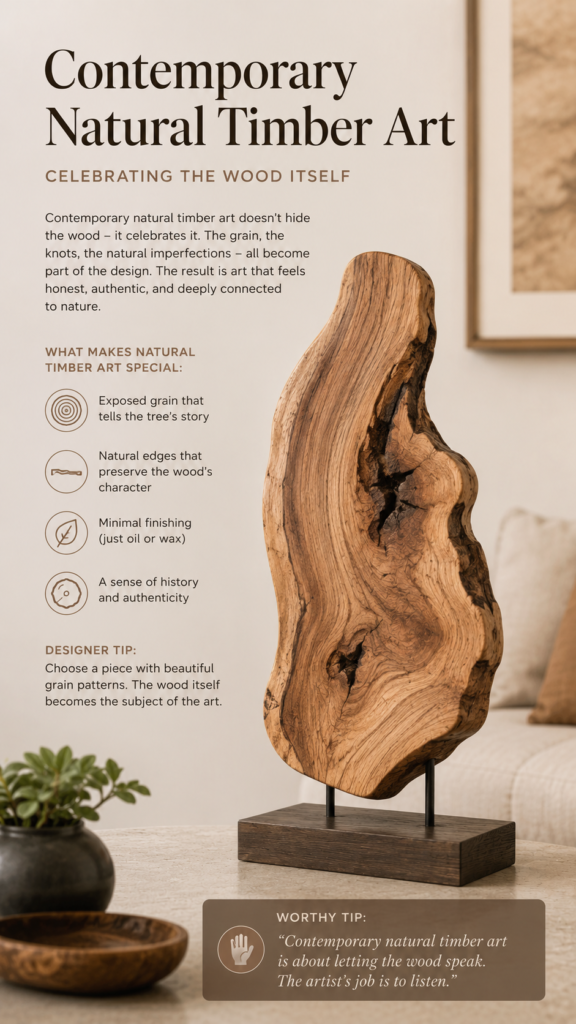 An infographic titled "Contemporary Natural Timber Art – Celebrating the Wood Itself." On the right, an organic, live-edge wooden sculpture with rich grain, knots, and natural cracks is mounted on a dark base. On the left, text explains what makes it special: exposed grain, natural edges, minimal finishing, and a sense of history. A designer tip recommends choosing beautiful grain, and a tip at the bottom notes that contemporary natural timber art is about letting the wood speak.