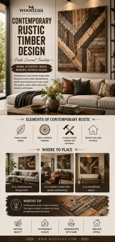 An infographic by Woodzaa titled "Contemporary Rustic Timber Design – Fresh, Current, Timeless." The main image shows a large, geometric chevron wood panel art piece hanging above a modern cream sofa. The graphic lists "Elements of Contemporary Rustic" with icons for fresh design, authentic materials, tradition, and versatility. Three smaller lifestyle images show the wood art styled in a living room, a modern home, and a transitional space. Perfect for rustic modern home decor inspiration.