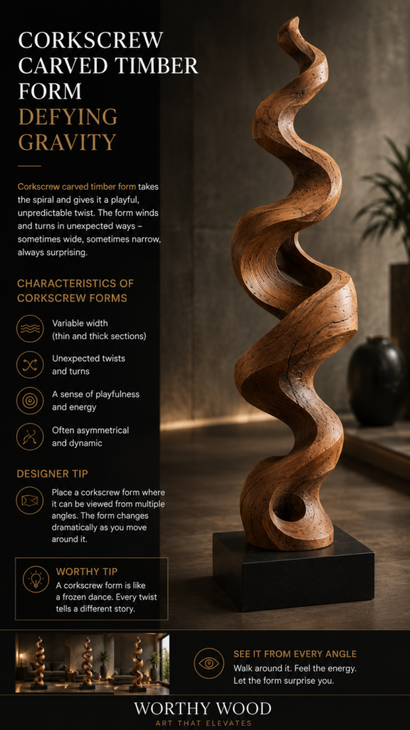 An infographic titled "Corkscrew Carved Timber Form – Defying Gravity." The right side showcases a tall, abstract wooden sculpture with a playful, unpredictable corkscrew twist that varies in width, resting on a black rectangular base. The left side lists characteristics of the form, such as unexpected twists and a dynamic, asymmetrical design. It includes a "Designer Tip" for viewing it from multiple angles. The bottom features three smaller room views and the "Worthy Wood" logo.