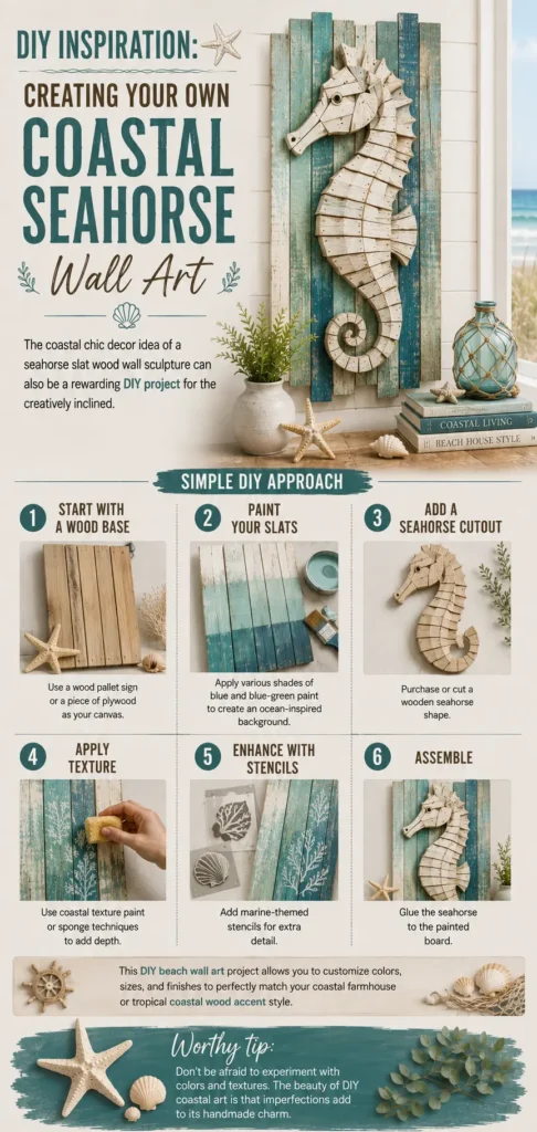 DIY Inspiration: Creating Your Own Coastal Seahorse Wall Art." Main image features a white 3D seahorse sculpture on teal slat wood beside a window. Below, a 6-step tutorial shows: 1. Start with a Wood Base, 2. Paint Your Slats (teal/blue tones), 3. Add a Seahorse Cutout, 4. Apply Texture (sponging technique), 5. Enhance with Stencils (seaweed/coral motifs), and 6. Assemble by gluing. Includes tips for custom coastal farmhouse decor.