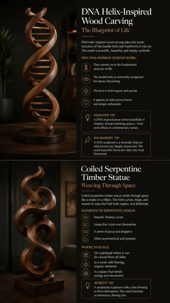 A two-part infographic showcasing modern wood sculptures. The top half features a "DNA Helix-Inspired Wood Carving" replicating a double helix with horizontal rungs on a round base, accompanied by text tips about art and science. The bottom half displays a "Coiled Serpentine Timber Statue" with smooth, intertwining curves on a square base, alongside text outlining its organic design elements and placement suggestions for contemporary homes.