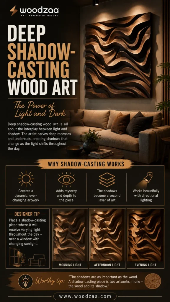 Infographic by Woodzaa titled "Deep Shadow-Casting Wood Art: The Power of Light and Dark." The top shows a large, wavy, textured wooden panel creating dramatic shadows on a wall above a modern sofa. Below, icons explain how shadows add depth and work with directional lighting. A "Designer Tip" section features three side-by-side comparison images demonstrating how the appearance of the 3D art dynamically shifts in morning light, afternoon light, and evening light.