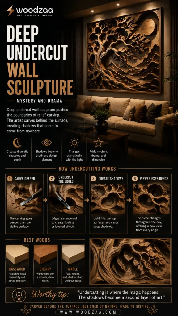 Infographic by Woodzaa titled "Deep Undercut Wall Sculpture – Mystery and Drama." The top features a cozy, modern living room with a large, intricately carved wooden mural of a tree under a crescent moon, casting dramatic shadows on the wall. Below, a step-by-step "How Undercutting Works" visual guide shows carving tools creating deep recesses. A "Best Woods" section lists Basswood, Cherry, and Maple, alongside a close-up of the detailed, organic wood carvings.