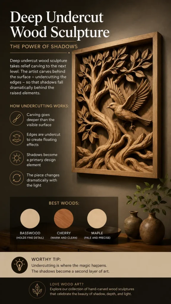 An infographic about fine woodworking titled "Deep Undercut Wood Sculpture – The Power of Shadows." The main image features a framed, medium-toned wooden relief sculpture of a bird in mid-flight next to an intricate tree with detailed leaves and roots, heavily shaded by deep undercut carvings. Below, informational sections explain "How undercutting works," list the best woods (basswood, cherry, maple) with circular wood grain samples, and provide a "Worthy Tip" on utilizing shadows.
