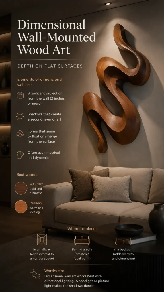 An infographic titled "Dimensional Wall-Mounted Wood Art." On the right, a large, flowing, S-shaped abstract wood sculpture is mounted on a wall above a contemporary beige sofa, casting deep shadows under a spotlight. Text on the left covers "Elements of dimensional wall art" (wall projection, shadows, floating forms), "Best woods" (walnut, cherry), and placement ideas suggesting a hallway, behind a sofa, or in a bedroom with directional lighting to make shadows dance.