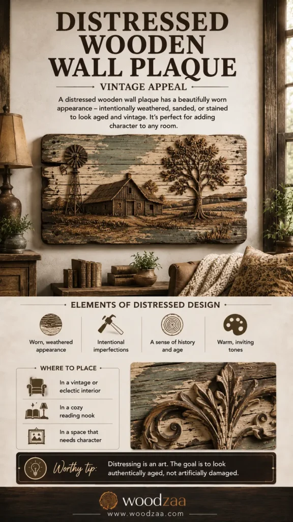 A vertical Pinterest infographic titled "Distressed Wooden Wall Plaque – Vintage Appeal" by woodzaa. The top showcases a rustic room with a weathered wooden plaque featuring a carved rural scene of a barn, windmill, and tree over peeling paint. The lower half outlines "Elements of Distressed Design" with icons, highlights styling options under "Where to Place," includes a close-up photo of distressed ornate carving, and features a "Worthy Tip" box at the bottom.