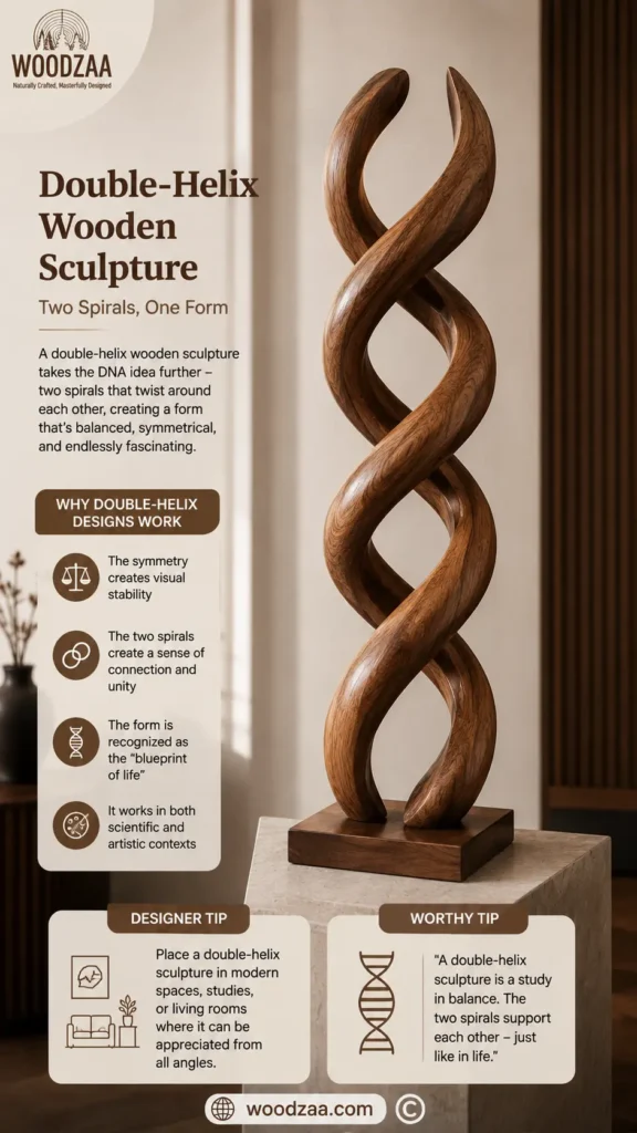 An infographic titled "Double-Helix Wooden Sculpture – Two Spirals, One Form" by WOODZAA. On the right, a tall, abstract wooden sculpture features two smooth, intertwined spirals with a warm grain finish, resting on a square base atop a stone pedestal. The left side lists why double-helix designs work, highlighting symmetry, visual stability, and connection. The bottom includes a designer tip for placing it in modern living spaces and the website woodzaa.com.