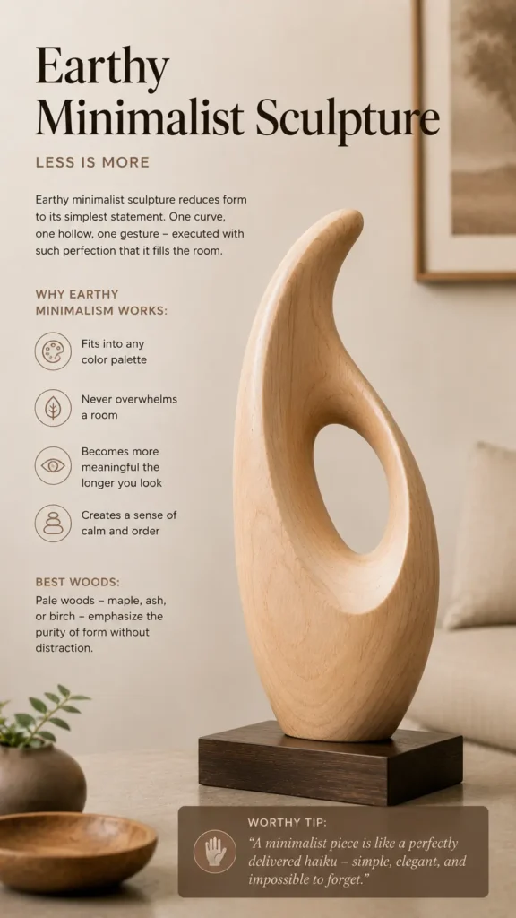 An infographic titled "Earthy Minimalist Sculpture – Less Is More." On the right, a smooth, pale wood abstract sculpture with a central oval cutout sits on a dark wooden base. On the left, text explains why earthy minimalism works (fits any palette, never overwhelms, creates calm). It notes the best woods are pale options like maple, ash, or birch to emphasize purity of form. A tip at the bottom compares a minimalist piece to a perfectly delivered haiku.