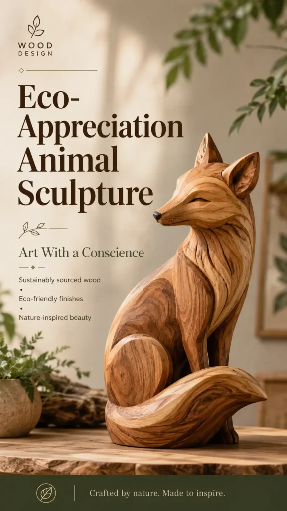 A sleek, modern carved wooden fox sculpture sitting on a wooden surface with its eyes gently closed. On the left, dark brown text reads "Eco-Appreciation Animal Sculpture - Art With a Conscience" along with "Wood Design" branding, bullet points for "Sustainably sourced wood," "Eco-friendly finishes," and "Nature-inspired beauty," and a bottom banner saying "Crafted by nature. Made to inspire."