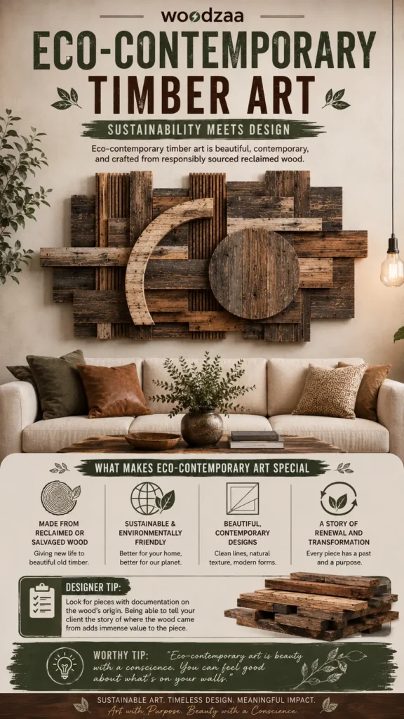 A Pinterest graphic titled "Eco-Contemporary Timber Art: Sustainability Meets Design" by Woodzaa. The center showcases a large abstract wall sculpture made of layered reclaimed wood slats, featuring a textured circle and an overlapping wooden arch. It hangs above a cream couch with brown pillows. The bottom section details what makes it special, emphasizing reclaimed wood, eco-friendly design, and a story of renewal, alongside a "Designer Tip" next to a stack of raw timber planks.