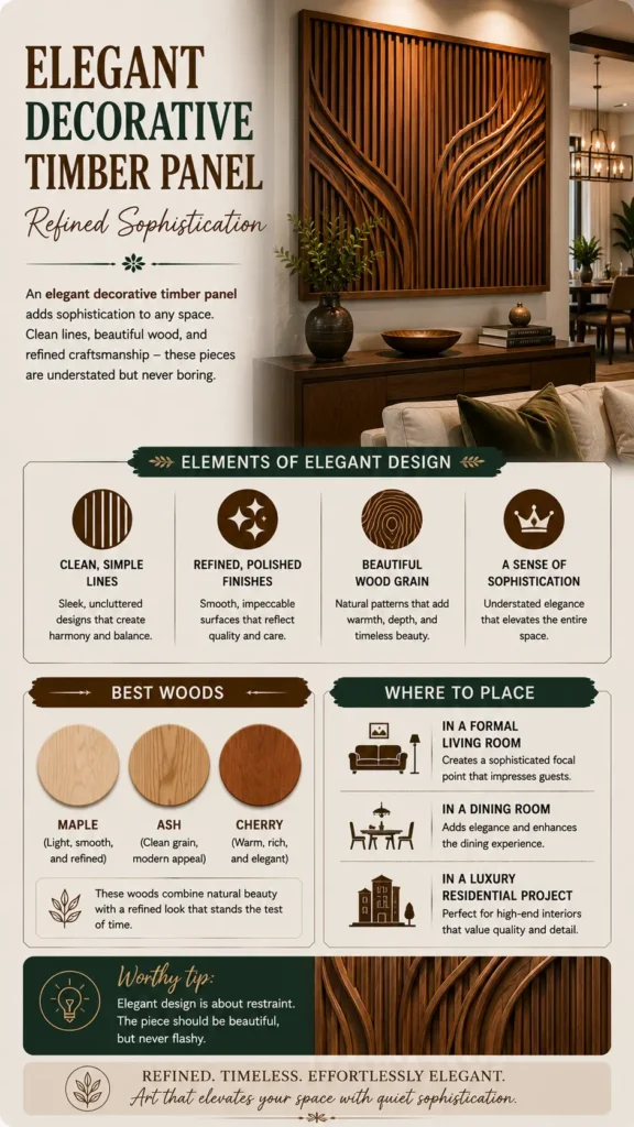 Vertical Pinterest infographic titled "Elegant Decorative Timber Panel – Refined Sophistication." Top image showcases a warm living room with a large rectangular wooden wall art panel featuring vertical slats and flowing organic curves. Below, sections cover "Elements of Elegant Design," recommended "Best Woods" (Maple, Ash, Cherry), and placement ideas for living rooms, dining spaces, or luxury residential projects. Footer reads: "Refined. Timeless. Effortlessly Elegant."