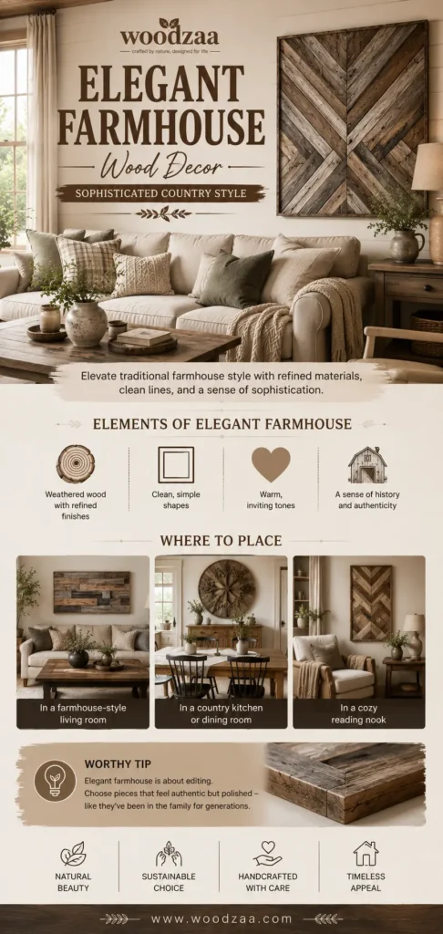 An infographic by Woodzaa titled "Elegant Farmhouse Wood Decor – Sophisticated Country Style." The main image shows a large, textured herringbone chevron wood art piece hanging in a cozy living room with a beige sofa and earthy green pillows. The guide outlines "Elements of Elegant Farmhouse" with icons for weathered wood, simple shapes, and warm tones. Smaller photos show styling ideas for a farmhouse living room, country kitchen, and reading nook. Perfect for rustic home decor inspiration.