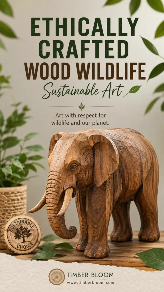 A hand-carved wooden elephant sculpture with detailed grain and ivory-colored tusks standing on a wooden surface. Bold dark text above reads "Ethically Crafted Wood Wildlife - Sustainable Art" followed by "Art with respect for wildlife and our planet." A small round "Sustainable Choice" wooden emblem sits beside the elephant, with a "Timber Bloom" logo and website URL at the bottom.