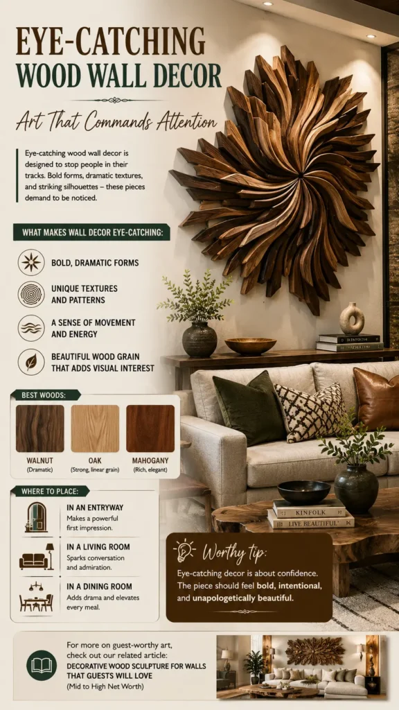 Vertical Pinterest infographic titled "Eye-Catching Wood Wall Decor – Art That Commands Attention." Features a sofa underneath a large, dynamic 3D sunburst wood sculpture. Explores key design elements like dramatic forms and movement, recommends best woods (Walnut, Oak, Mahogany), and provides placement ideas for entryways, living rooms, and dining areas. Footer links to an article on guest-worthy decorative wood wall art.