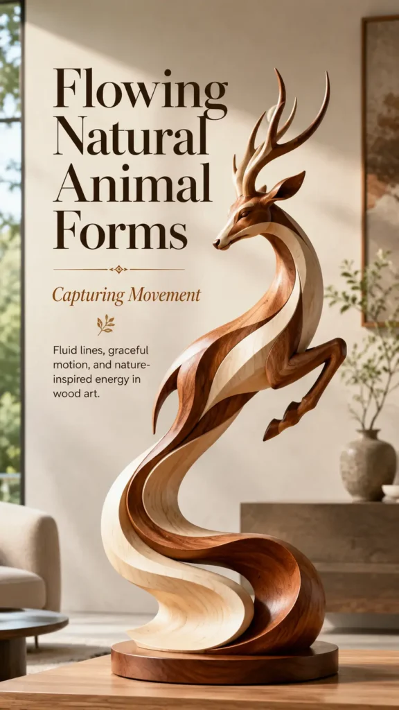 An elegant, flowing wooden sculpture of a leaping deer carved from contrasting light and dark wood, set on a round base in a modern room. On the left, bold brown text reads "Flowing Natural Animal Forms" with subtext "Capturing Movement" and "Fluid lines, graceful motion, and nature-inspired energy in wood art."