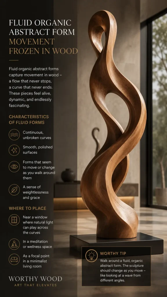 An infographic titled "Fluid Organic Abstract Form – Movement Frozen in Wood." On the right, a tall, twisting, abstract wood sculpture with fluid, ribbon-like curves stands on a dark square base in a sunlit room. On the left, text lists characteristics of fluid forms (continuous curves, polished surfaces, dynamic forms, grace) and placement ideas (near a window, meditation space, or minimalist living room). A "Worthy Tip" box at the bottom explains how the piece should change from different angles.