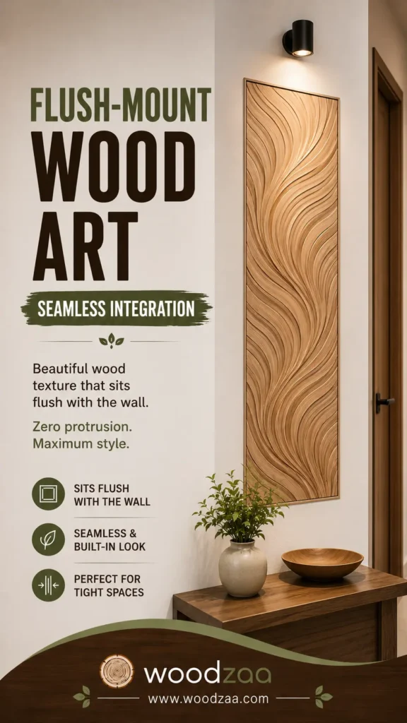 A vertical Pinterest graphic titled "Flush-Mount Wood Art – Seamless Integration." On the right, a long, light-wood panel featuring flowing, wave-like carved textures is mounted flat against the wall above a dark wooden console table with a vase and decorative bowl. On the left, text highlights zero protrusion, flush mounting, and suitability for tight spaces. The bottom displays the Woodzaa logo and website www.woodzaa.com.