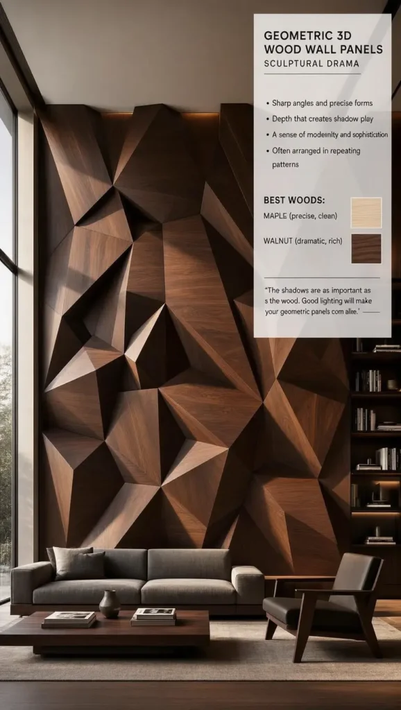 An infographic titled "Geometric 3D Wood Wall Panels – Sculptural Drama." The main image shows a modern living room with a dramatic feature wall made of dark, angular, geometric 3D wood panels creating deep shadows. On the right, text overlays list key traits: sharp angles, shadow play, and modernity. It recommends maple and walnut as the best wood choices. A quote at the bottom emphasizes that good lighting and shadows make the panels come alive.
