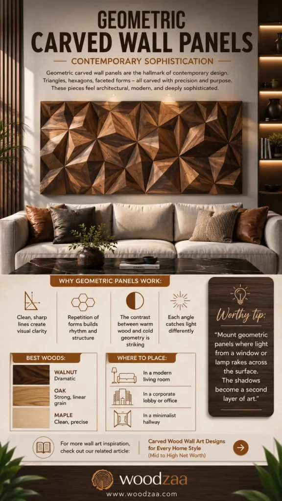 Here is a highly descriptive ALT text for this Pinterest graphic, keeping it under the 500-character limit: > A vertical Pinterest infographic titled "Geometric Carved Wall Panels – Contemporary Sophistication" by woodzaa. The top features a modern living room showcasing a large, multi-faceted 3D geometric wood panel with triangular starburst patterns mounted above a beige couch. The bottom half contains informational sections with icons detailing "Why Geometric Panels Work," "Best Woods" (Walnut, Oak, Maple), "Where to Place," and a "Worthy Tip" box about lighting and shadows.