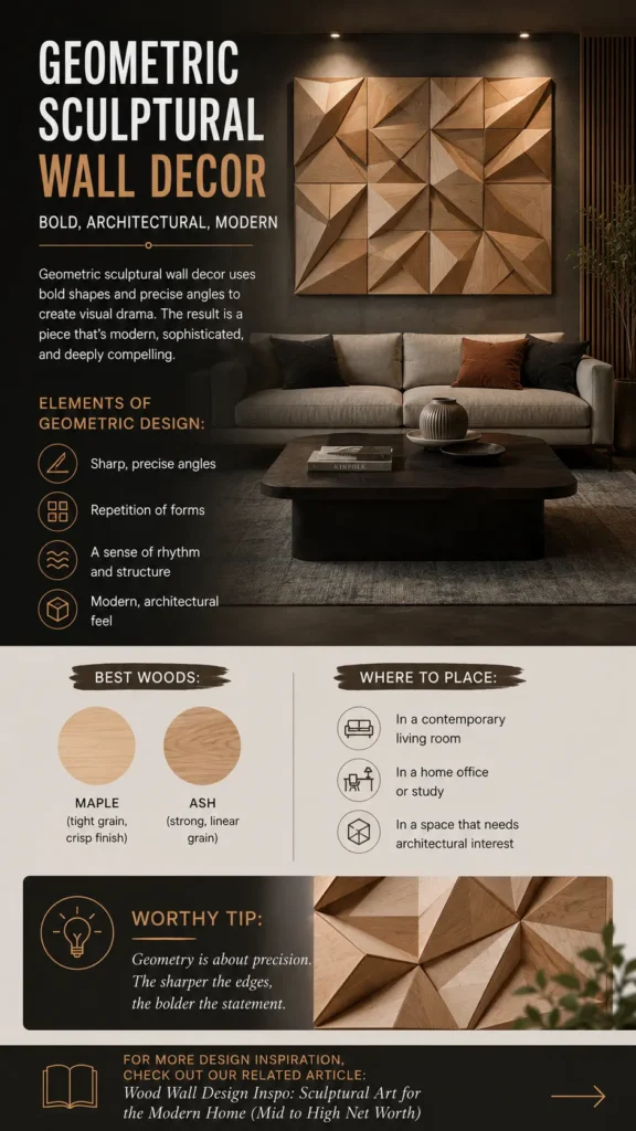 The top visual features a modern living room centered around a large 3D wood wall art piece made of faceted geometric panels under warm overhead spotlights. Below, design guides outline key elements like sharp angles and repeating forms, recommended woods (maple and ash) with grain swatches, placement ideas for living rooms or home offices, and a close-up photo showing the sharp, faceted wood details.