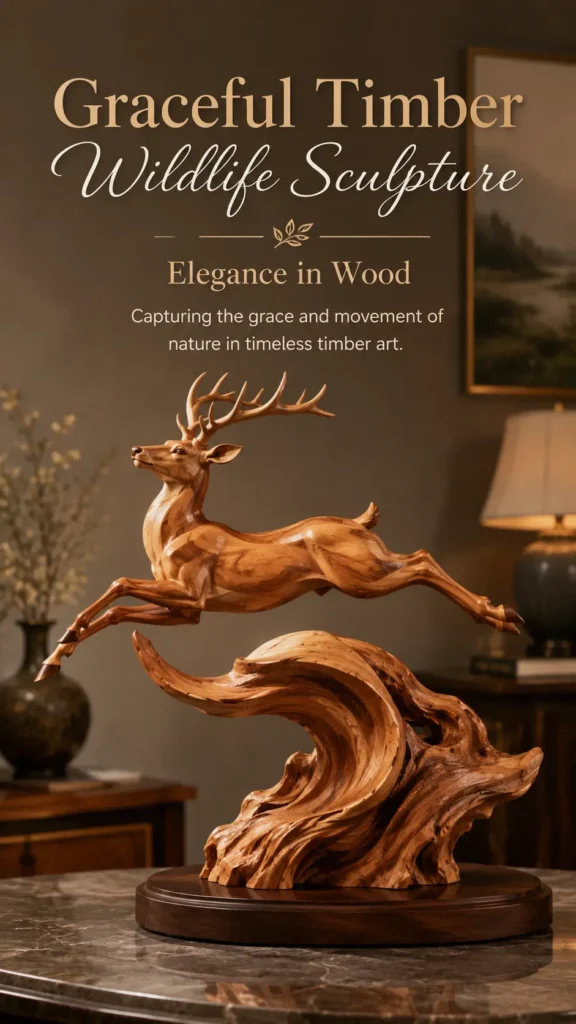 A carved wooden sculpture of a stag mid-leap, suspended gracefully above a flowing, wave-like wooden base set on a dark tabletop. At the top, elegant gold-toned text reads "Graceful Timber Wildlife Sculpture - Elegance in Wood" above the caption "Capturing the grace and movement of nature in timeless timber art." The warm, interior background includes a table lamp and a framed painting.