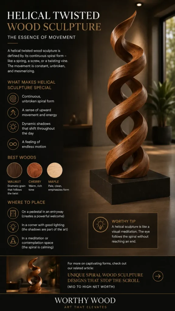 An infographic titled "Helical Twisted Wood Sculpture" by Worthy Wood. The right side features a tall, twisting double-helix wooden sculpture with a warm grain finish resting on a dark marble pedestal. The left side outlines its unique features (unbroken spiral, dynamic shadows), best wood types (Walnut, Cherry, Maple), and placement tips for modern interiors like entryways or corners. The bottom includes a call to action and the Worthy Wood brand logo.