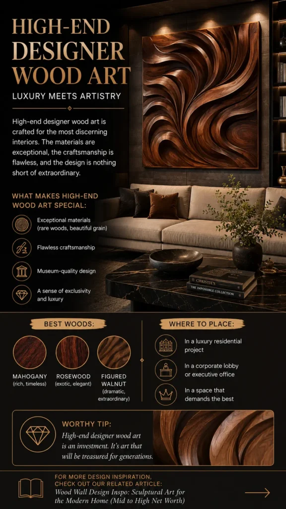 The main image shows a luxury living room featuring a large, square 3D carved wood wall sculpture with dynamic, sweeping organic swirls mounted above a neutral sofa. Below, design guides outline key features of premium craftsmanship, recommended exotic woods (mahogany, rosewood, figured walnut) with grain swatches, placement ideas for high-end interiors, and a close-up photo highlighting the rich wood texture.