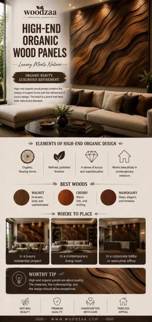 An infographic by Woodzaa titled "High-End Organic Wood Panels – Luxury Meets Nature." The main image shows a luxury modern living room with a massive, 3D abstract wooden wall art piece featuring flowing, wave-like organic patterns hanging above a plush beige sectional sofa. The guide outlines "Elements of High-End Organic Design" with icons for flowing forms and luxury. It lists "Best Woods" like walnut, cherry, and mahogany, with styling options for a contemporary living room or corporate lobby.