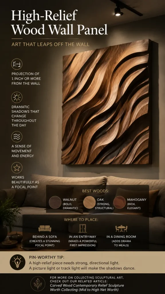 An infographic about home decor titled "High-Relief Wood Wall Panel – Art That Leaps Off the Wall." The main image shows a large, square wooden art piece with deep, flowing wave carvings mounted on a dark wall above a modern grey sofa, illuminated by a track light to create dramatic shadows. Text overlays list features like projection, movement, and a focal point. Graphic sections detail best woods (walnut, oak, mahogany), placement ideas, and a lighting tip.