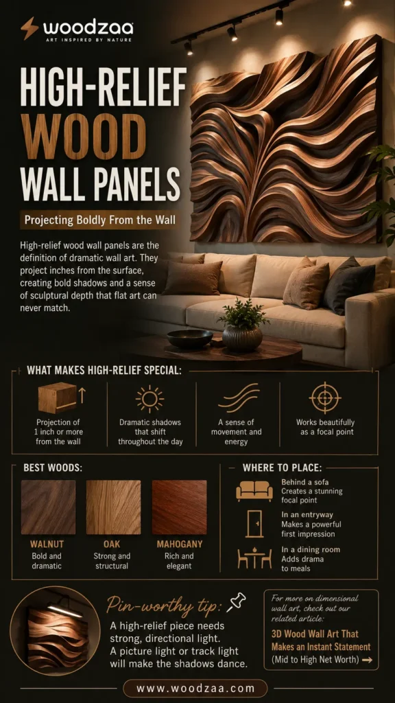 Infographic by Woodzaa titled "High-Relief Wood Wall Panels – Projecting Boldly From the Wall." The top displays a living room with a large, wave-patterned wooden sculptural panel over a neutral sofa. The middle section highlights features like "projection of 1 inch or more" and lists Walnut, Oak, and Mahogany as "Best Woods." A "Where to Place" guide suggests the sofa, entryway, or dining room, accompanied by a circular close-up of a panel illuminated by a picture light.