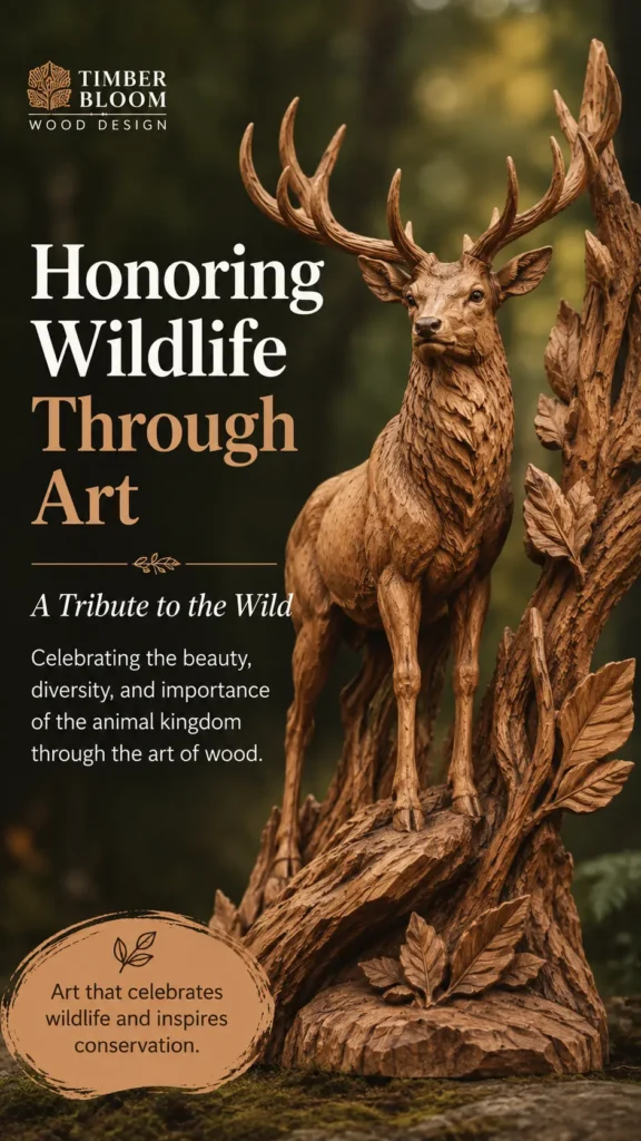 A detailed wood sculpture of a majestic stag with large antlers standing beside a carved tree trunk adorned with wooden leaves. To the left, white and tan text reads "Honoring Wildlife Through Art - A Tribute to the Wild" alongside the "Timber Bloom Wood Design" logo. Text describes celebrating the animal kingdom, with an oval badge at the bottom reading "Art that celebrates wildlife and inspires conservation."