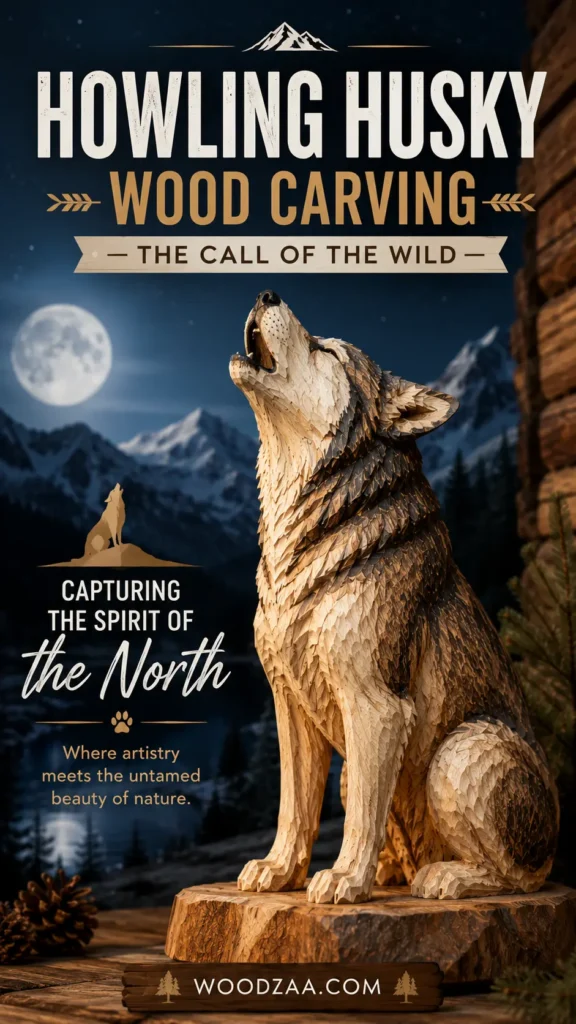A detailed hand-carved wooden Husky sculpture shown howling upward, set against a nighttime backdrop with a full moon, dark mountains, and pine trees. Text overlay reads: "HOWLING HUSKY WOOD CARVING — THE CALL OF THE WILD — Capturing the spirit of the North - Where artistry meets the untamed beauty of nature." Pinterest graphic layout with a wooden banner at the bottom displaying "WOODZAA.COM" between pine tree icons.
