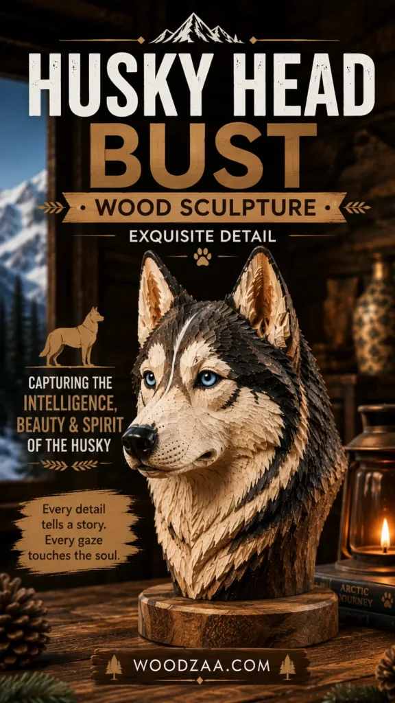 Detailed hand-carved wooden Husky head bust with striking blue eyes, set indoors next to a lit candle lantern and a window overlooking snowy mountains. Headline text reads: "HUSKY HEAD BUST • WOOD SCULPTURE • EXQUISITE DETAIL - Capturing the intelligence, beauty & spirit of the Husky. Every detail tells a story. Every gaze touches the soul." Pinterest graphic layout featuring a wooden banner at the bottom with "WOODZAA.COM" flanked by pine trees.